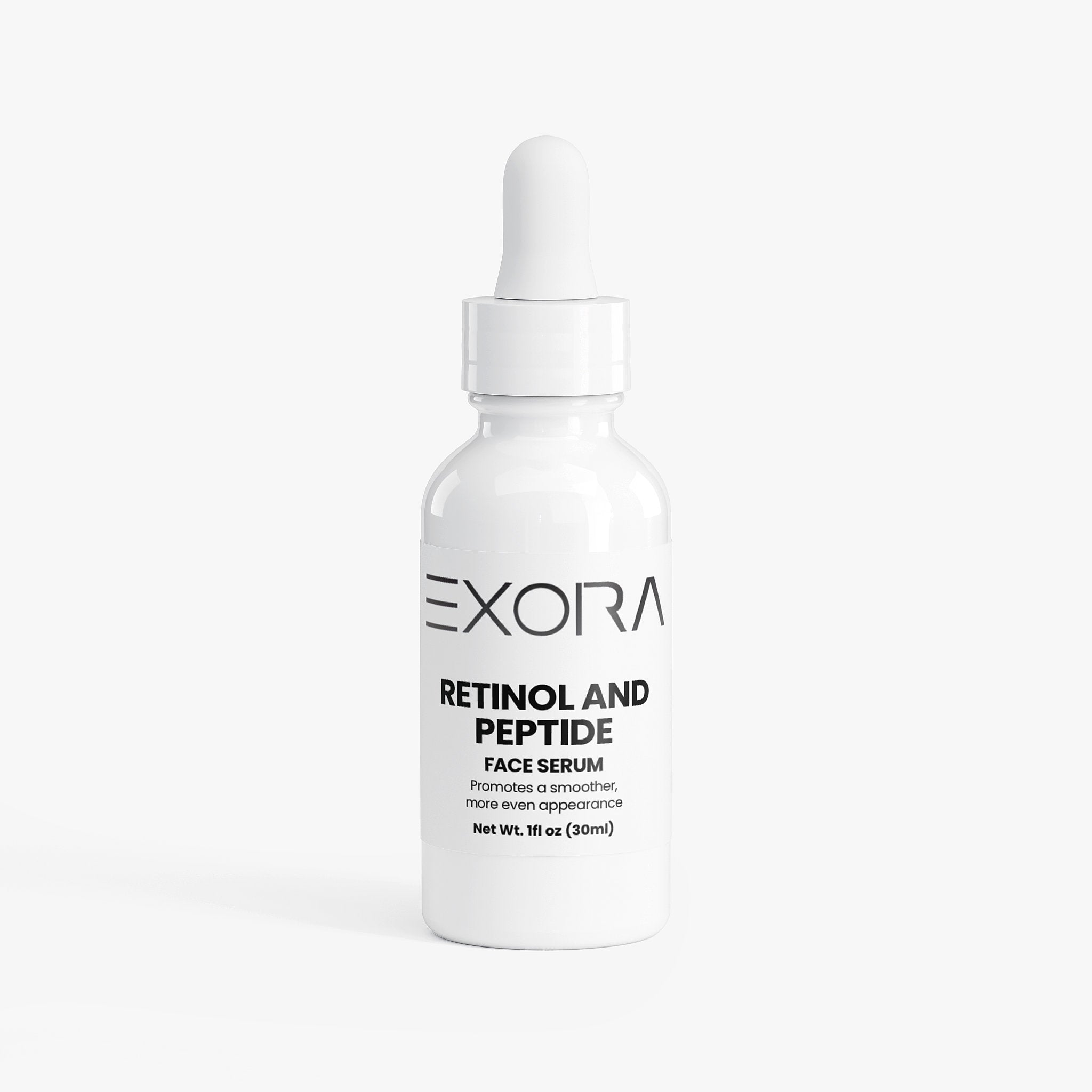 Three white dropper bottles of Exora Retinol and Peptide Face Serum arranged on a white background.