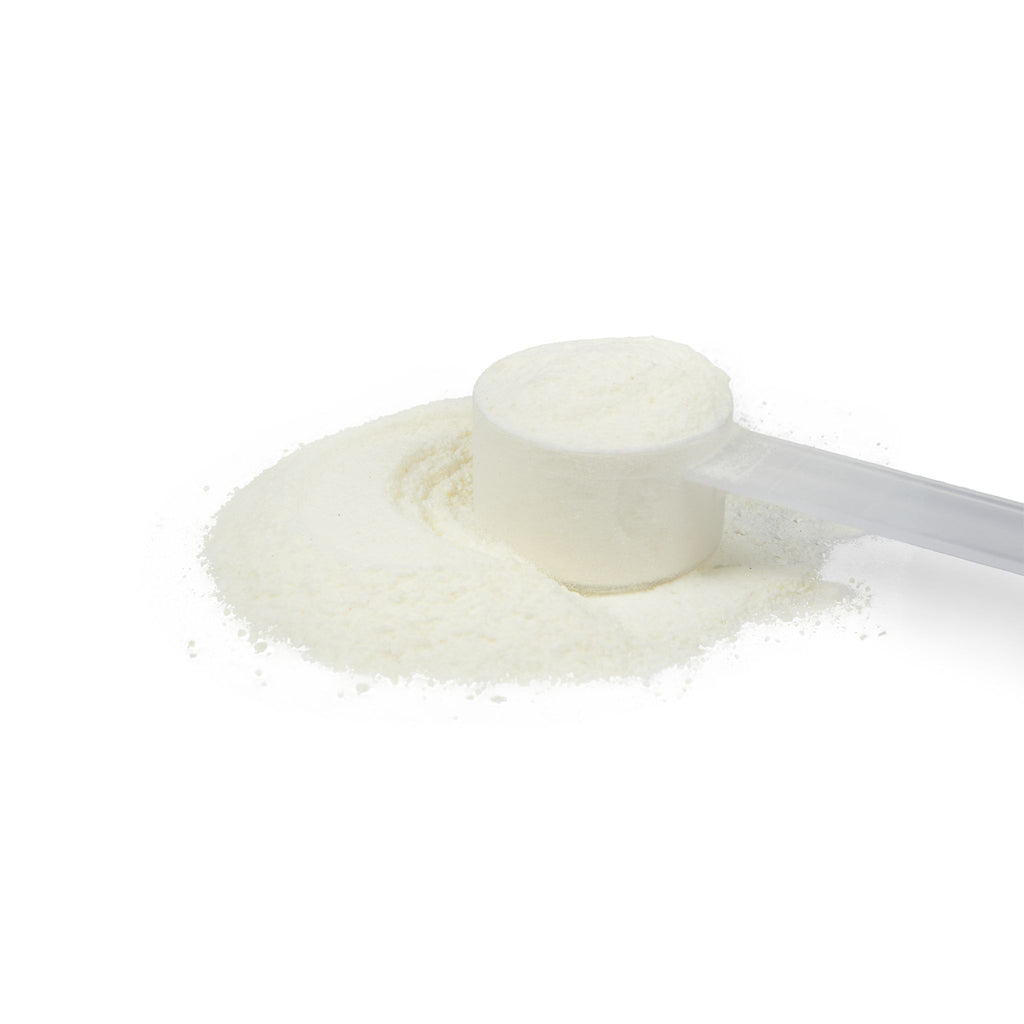 White powder in a measuring scoop on a white background