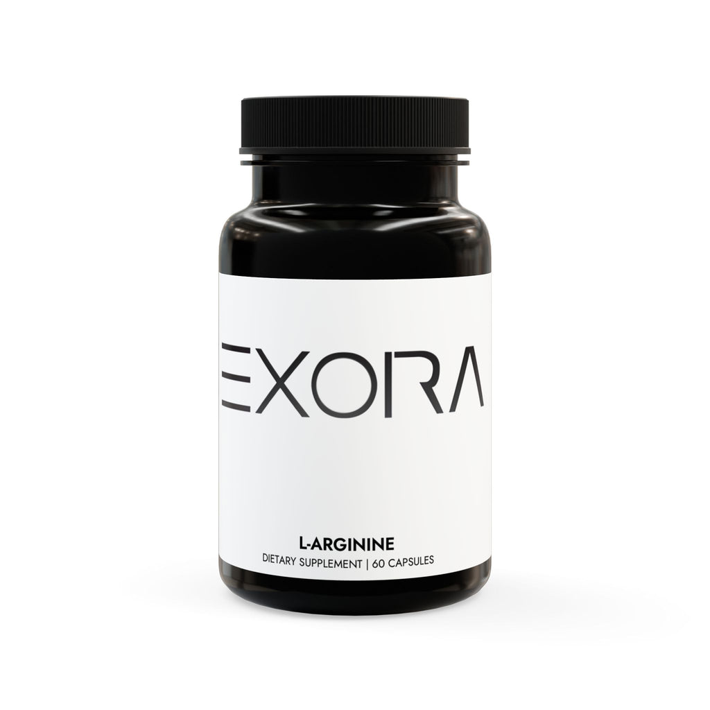 L-Arginine supplement bottle labeled 'EXORA' on a white background