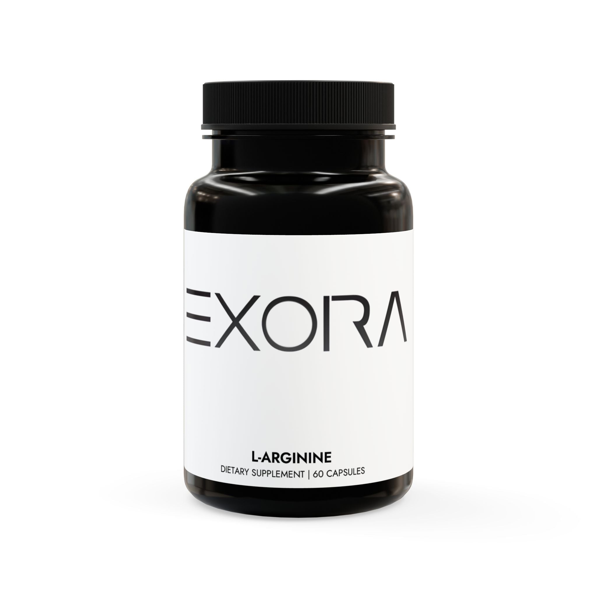 L-Arginine supplement bottle labeled 'EXORA' on a white background