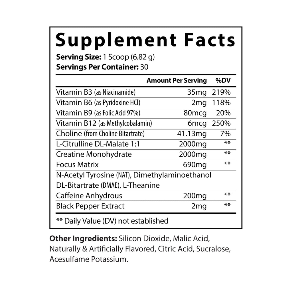 Supplement facts label with various vitamins and ingredients listed on a white background