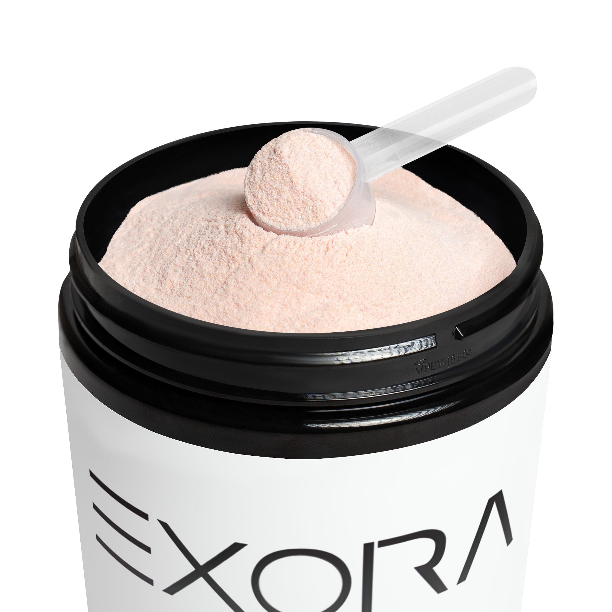 Container of 'EXORA' protein powder with a scoop on a white background