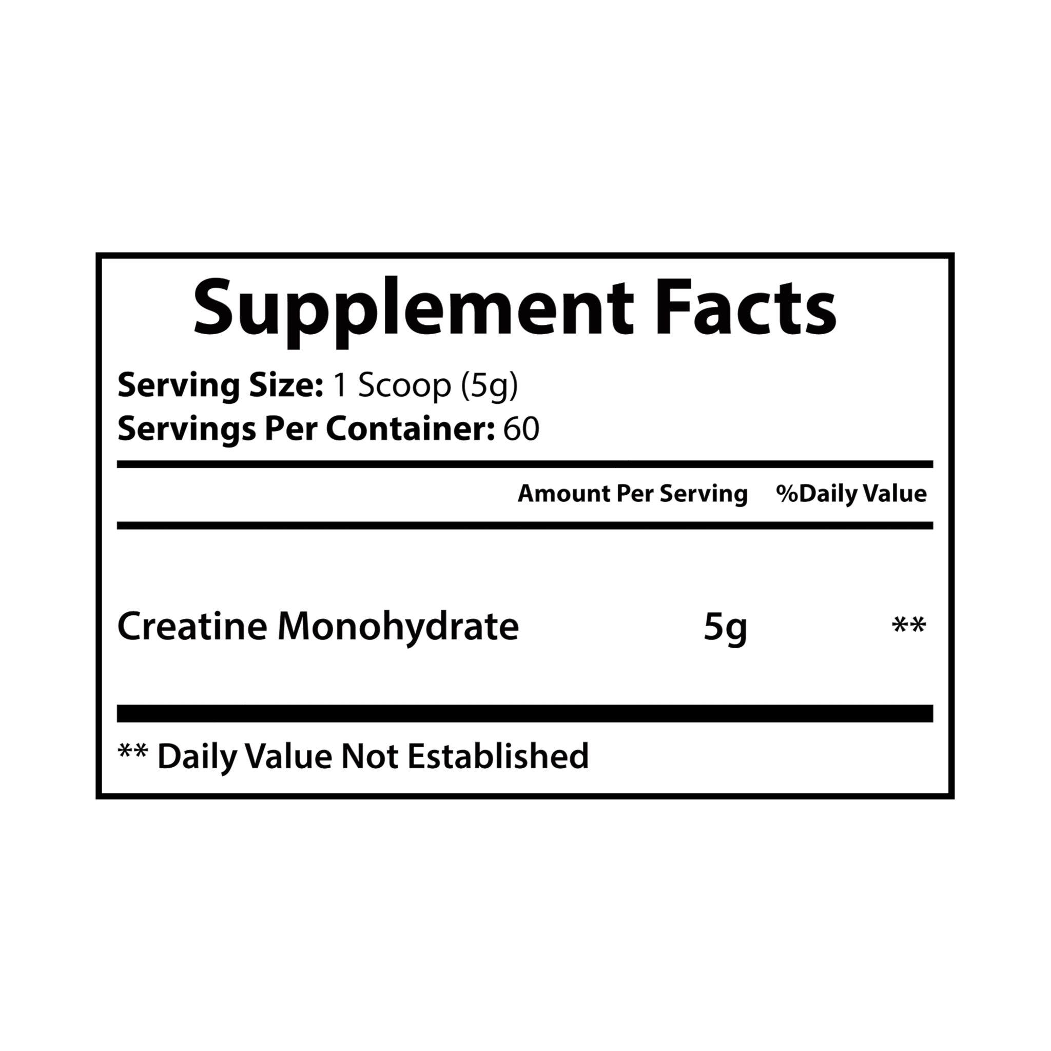 Supplement facts label with creatine monohydrate content on a white background