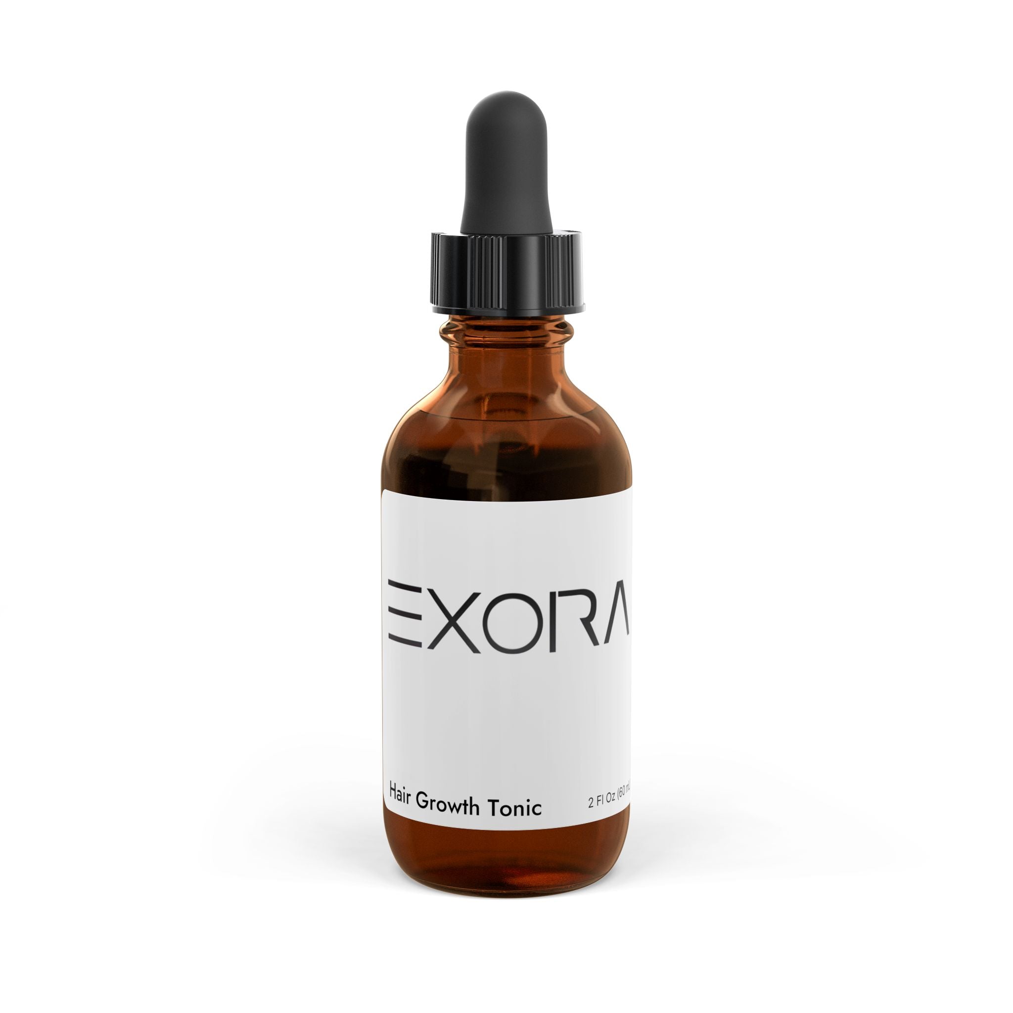 Brown bottle with black cap labeled 'EXORA' Hair Growth Tonic on a white background