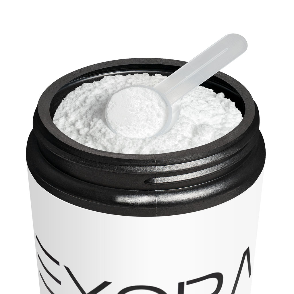 Container of white powder with a scoop, branded 'EXORA', on a white background