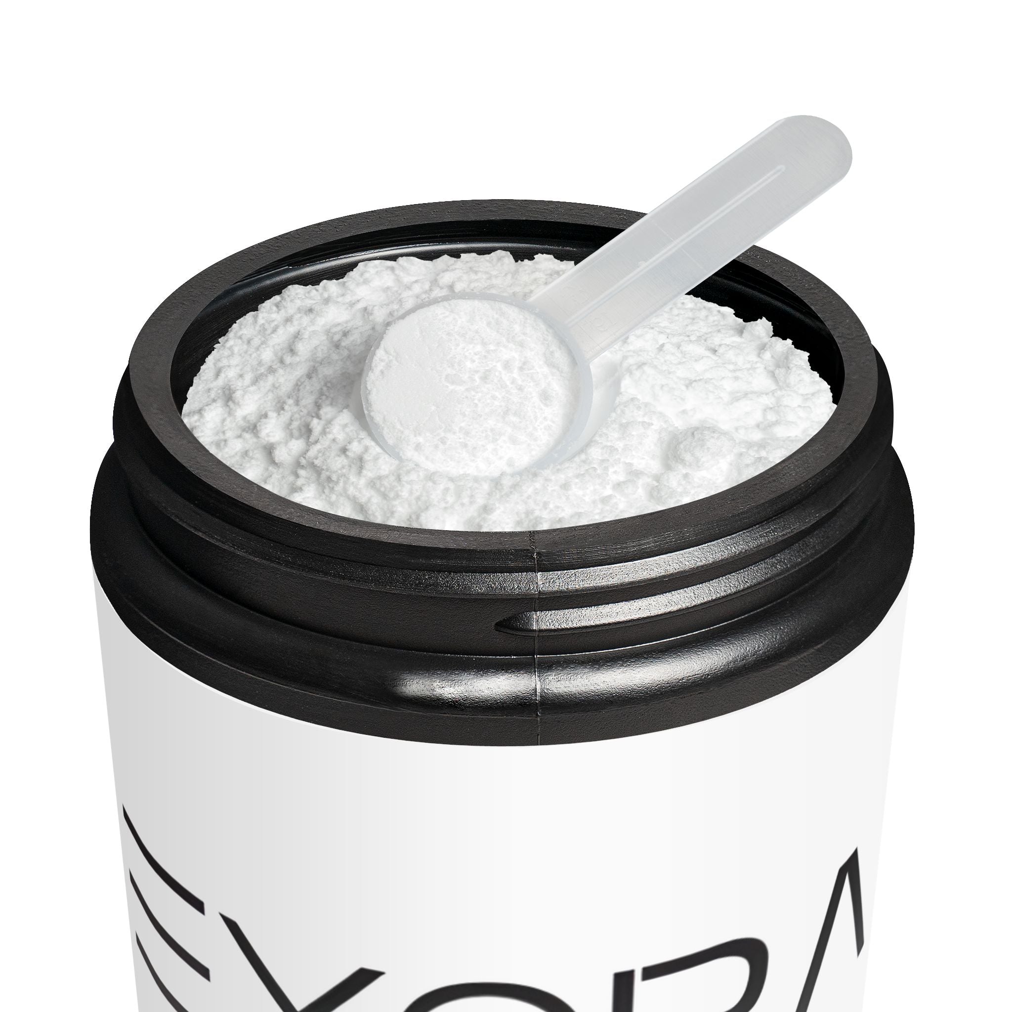 Container of white powder with a scoop, branded 'EXORA', on a white background