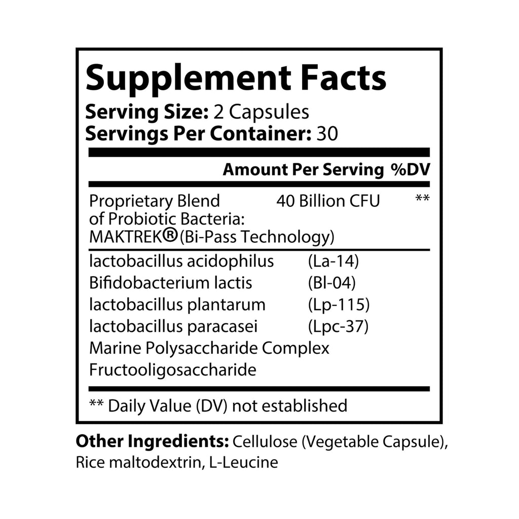 Supplement facts label for a probiotic product with serving size, servings per container, and ingredient list.