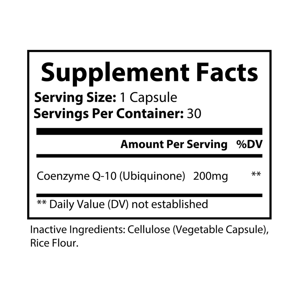Supplement facts label for a Coenzyme Q-10 supplement on a white background