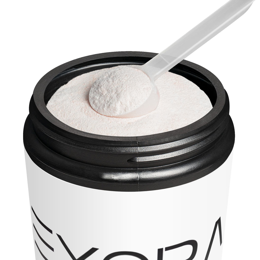 Container of white powder with a scoop inside, branded 'EXORA'.