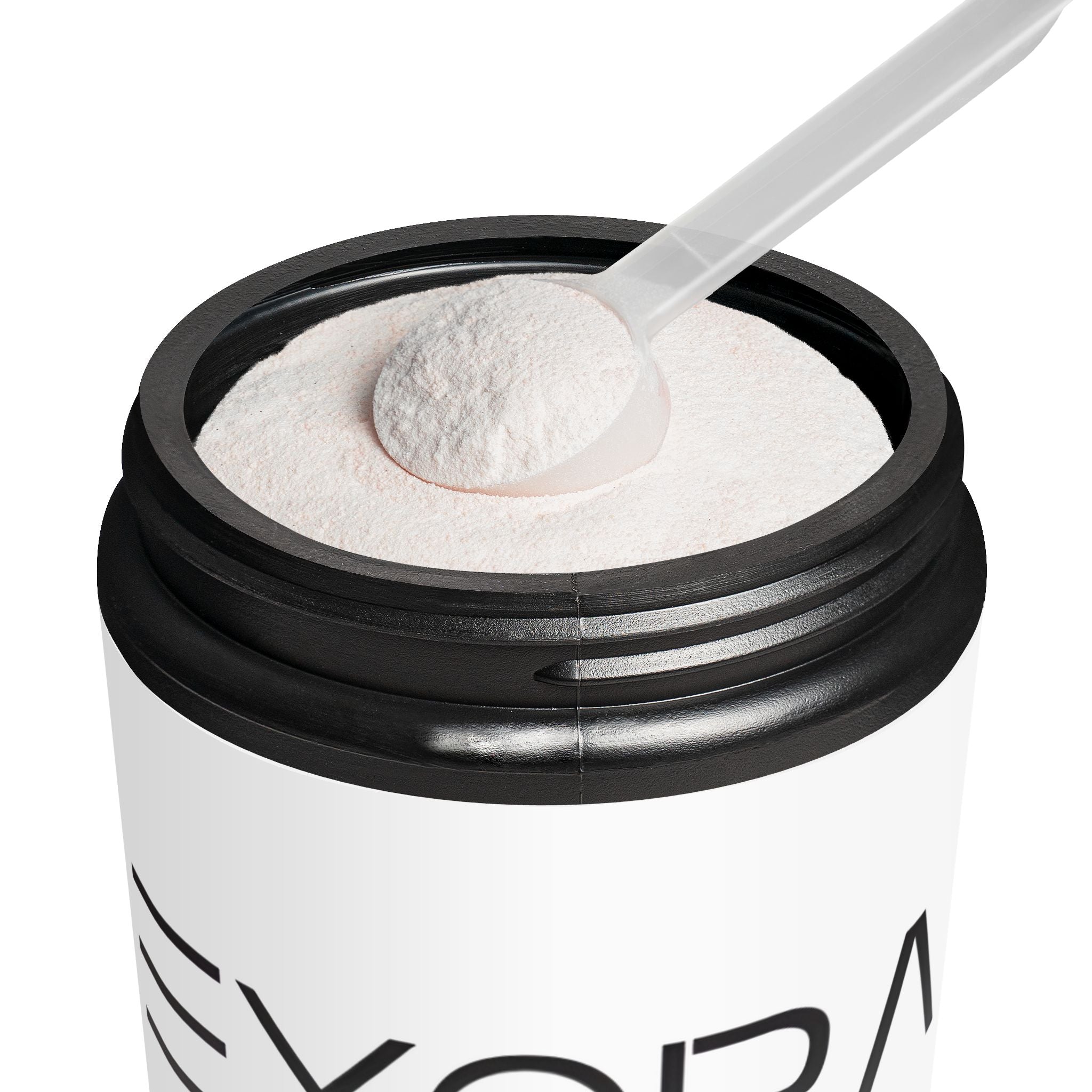 Container of white powder with a scoop inside, branded 'EXORA'.