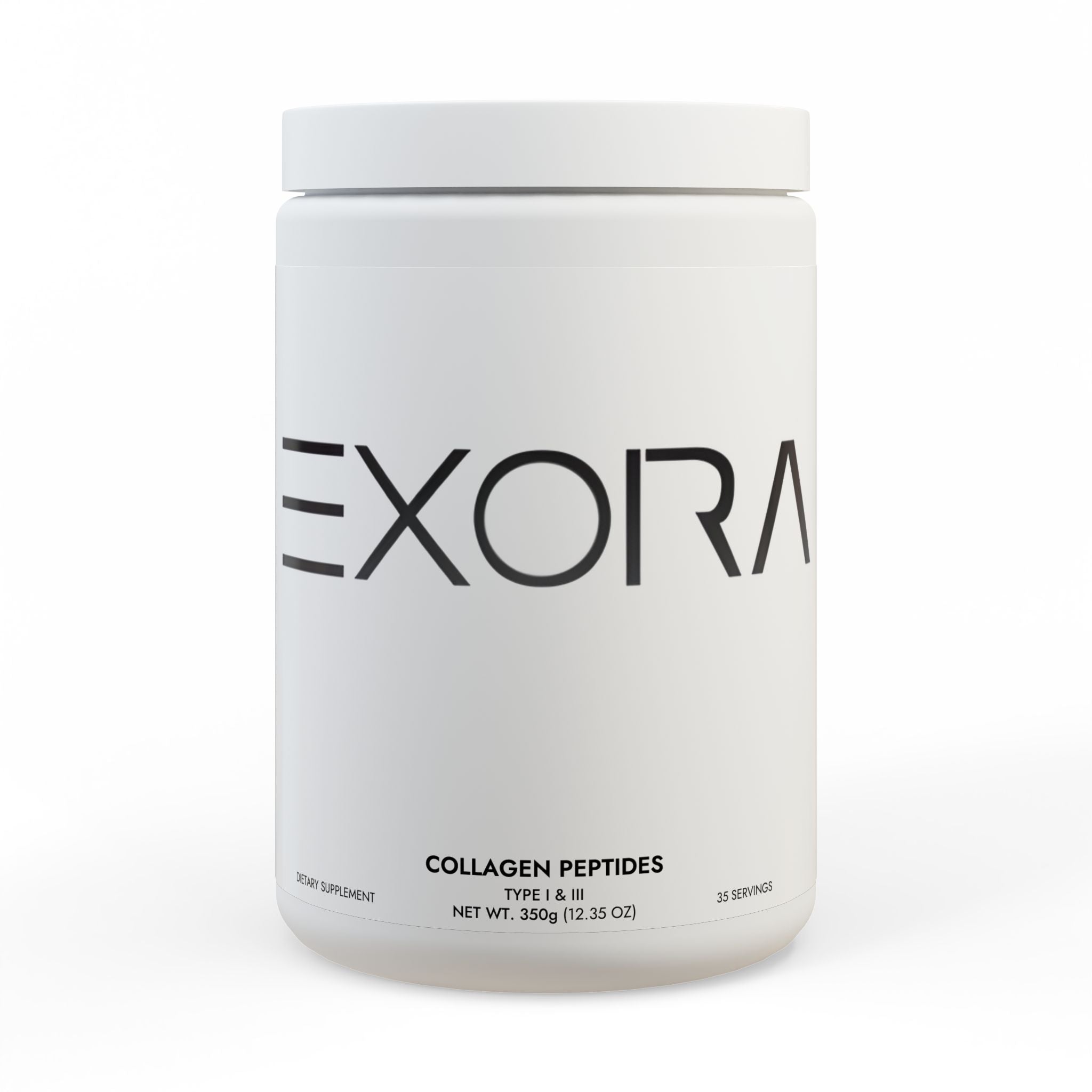White collagen peptides container with 'EXORA' branding on a white background