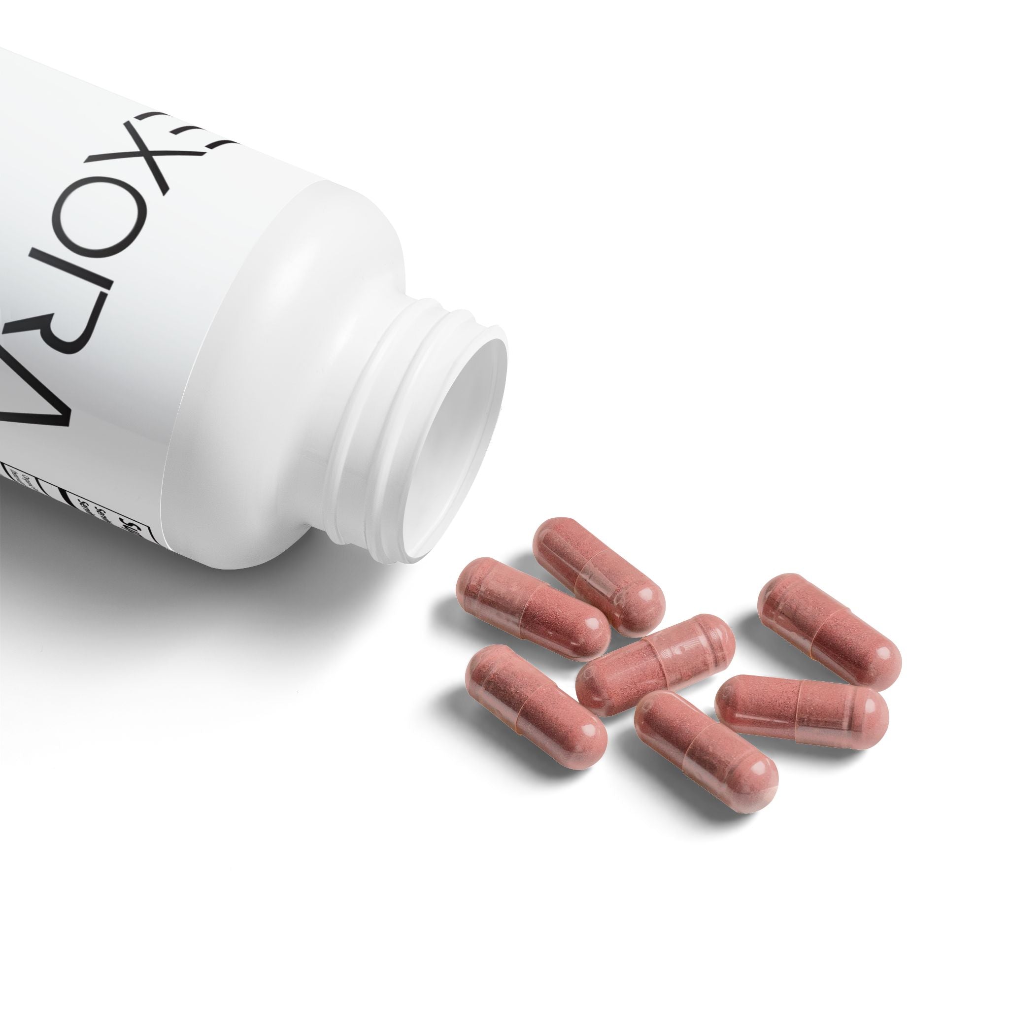 White bottle of 'EXORA' supplements with pink capsules on a white background