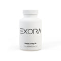 White bottle of 'EXORA' Omega 3 Fish Oil on a white background