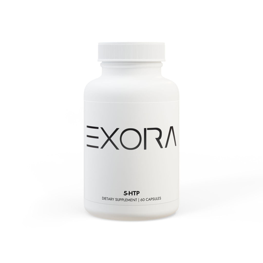 White 5-HTP supplement bottle labeled 'EXORA' on a white background