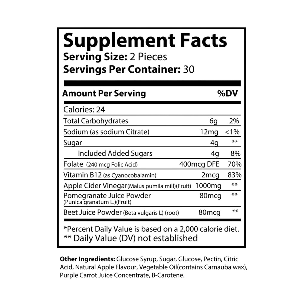 Supplement facts label with detailed nutritional information on a white background