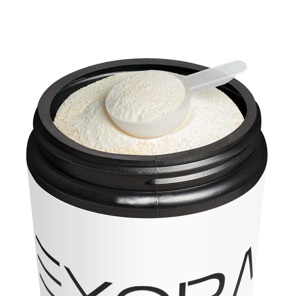 Container of protein powder with a scoop on a white background