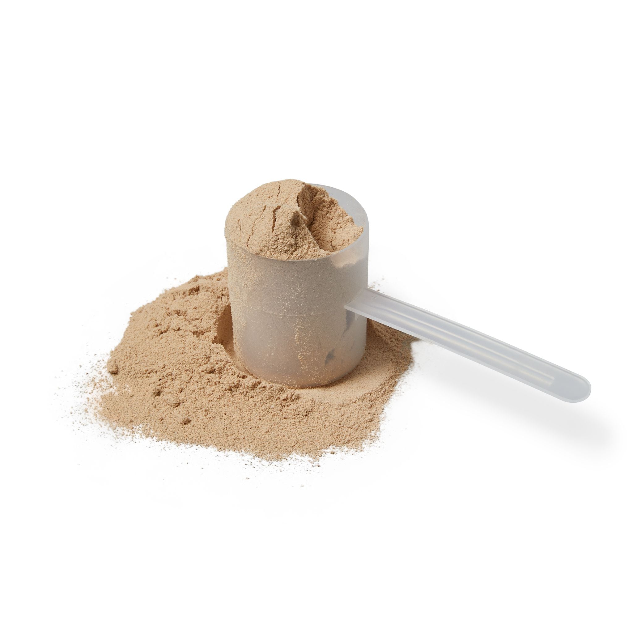 Beige protein powder in a clear scoop on a white background