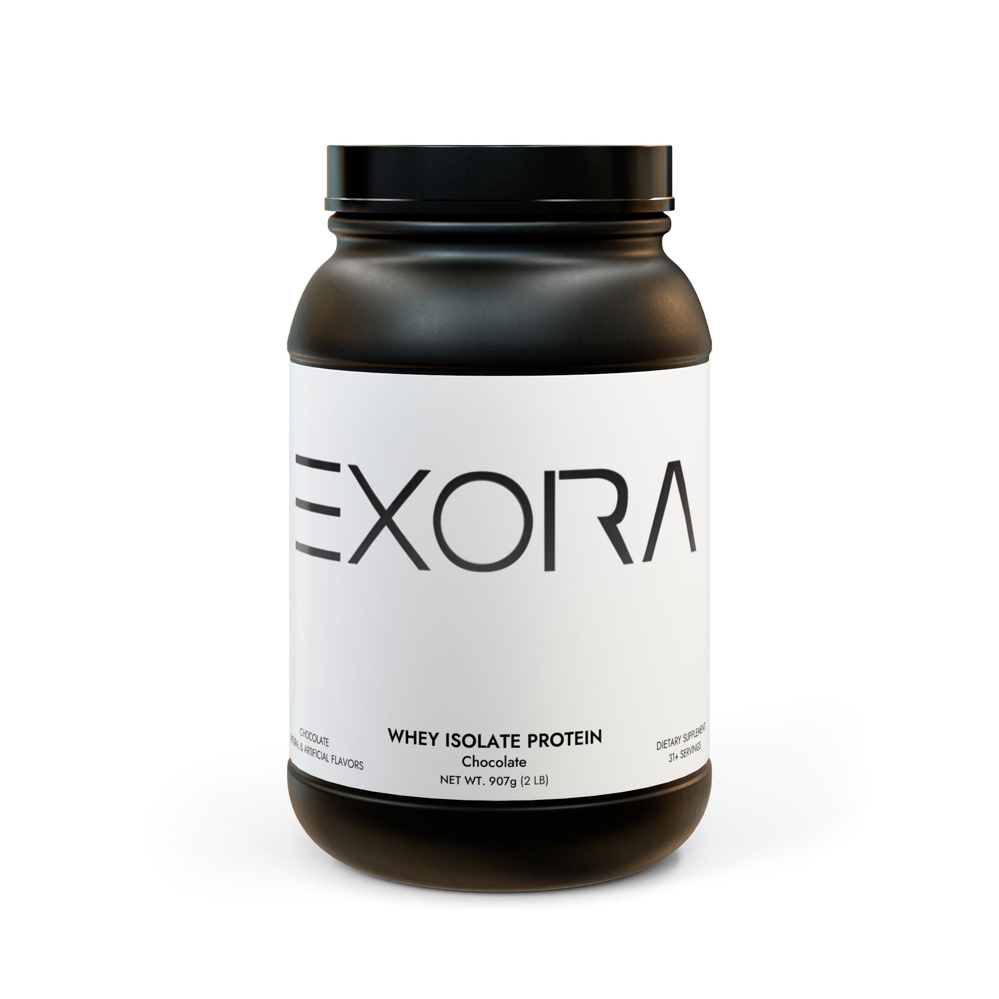 Black whey isolate protein powder container with 'EXORA' label on a white background