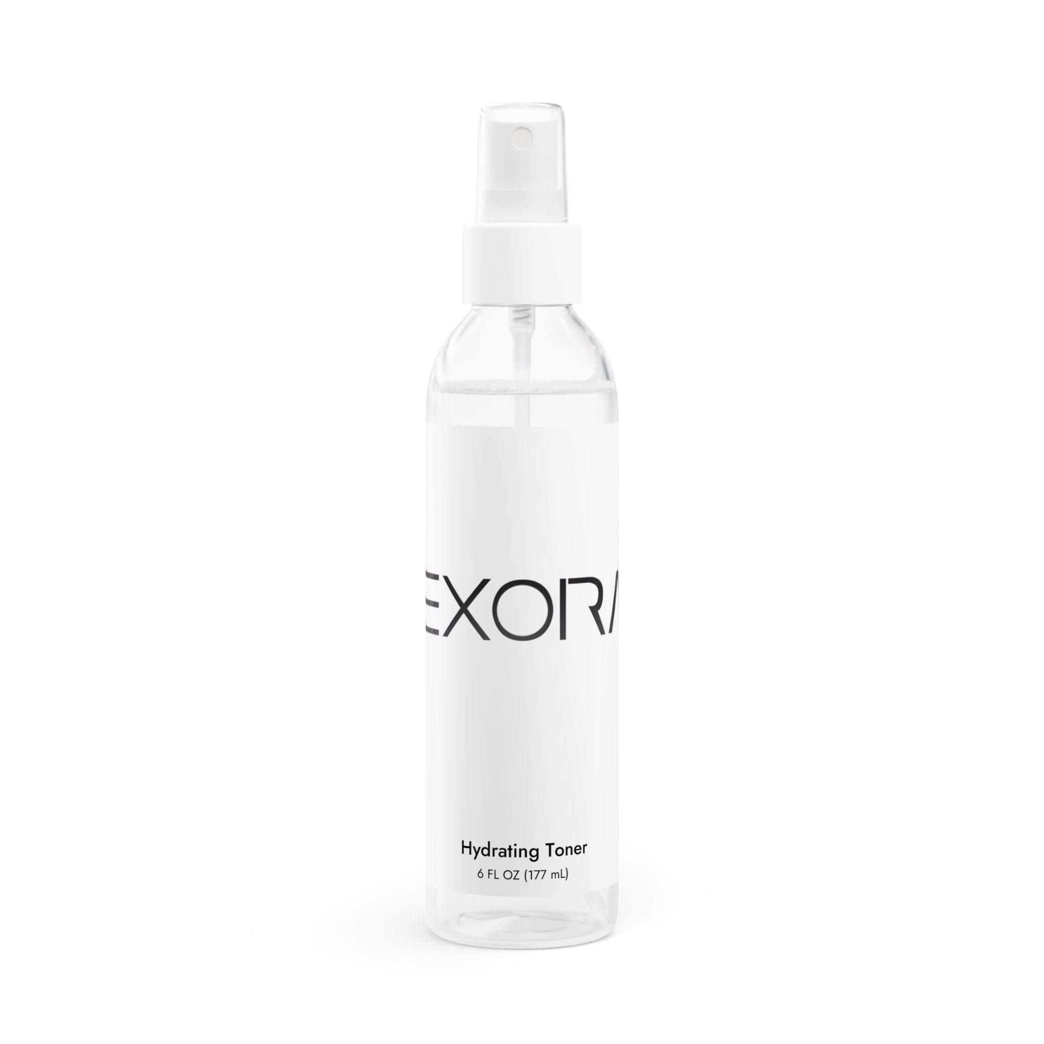 Clear bottle of 'EXORA' hydrating toner on a white background