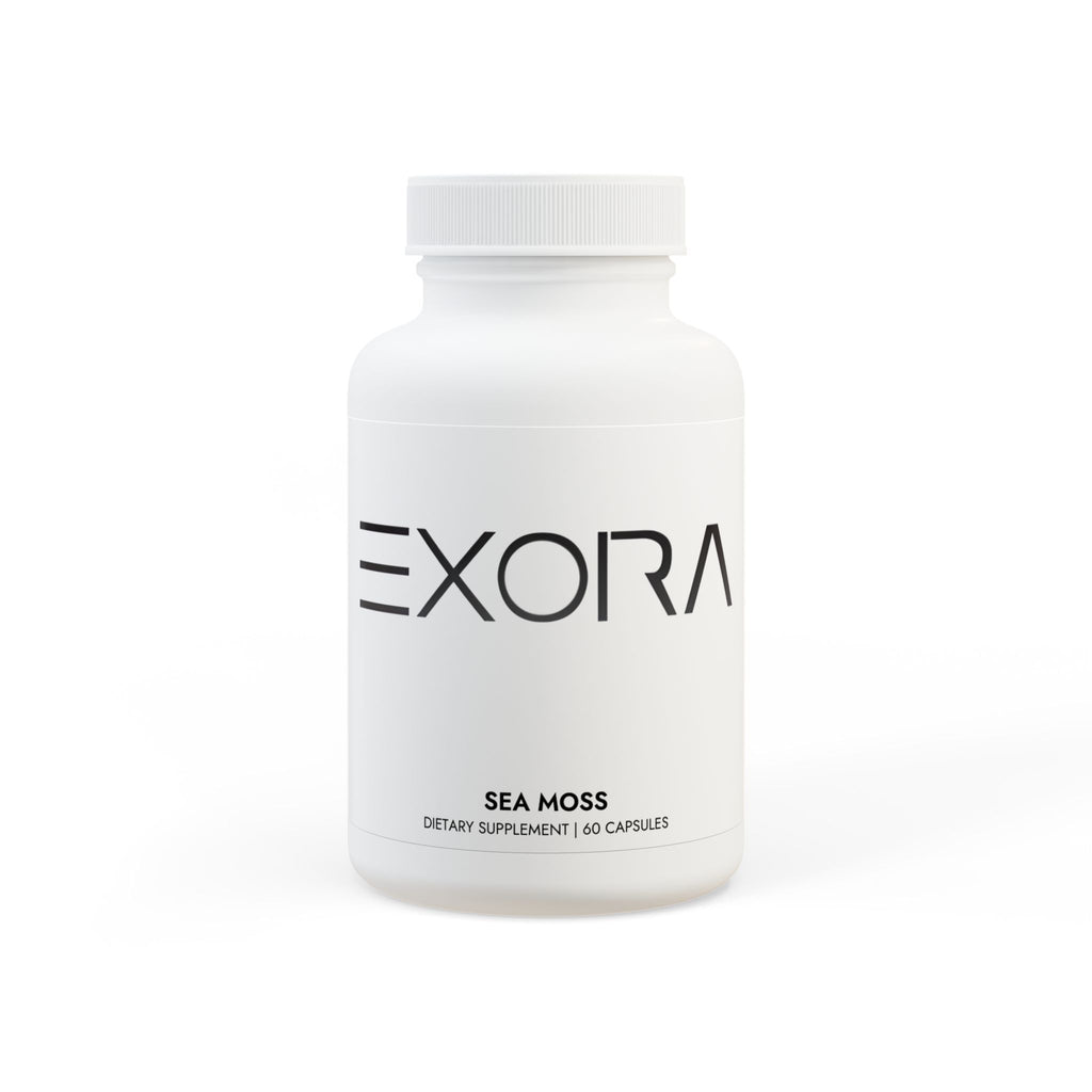 Sea moss white supplement bottle labeled 'EXORA' on a white background