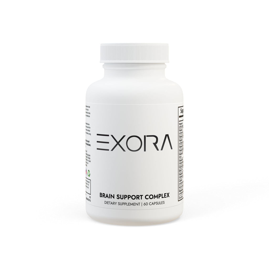 White brain support complex supplement bottle labeled 'EXORA' on a white background