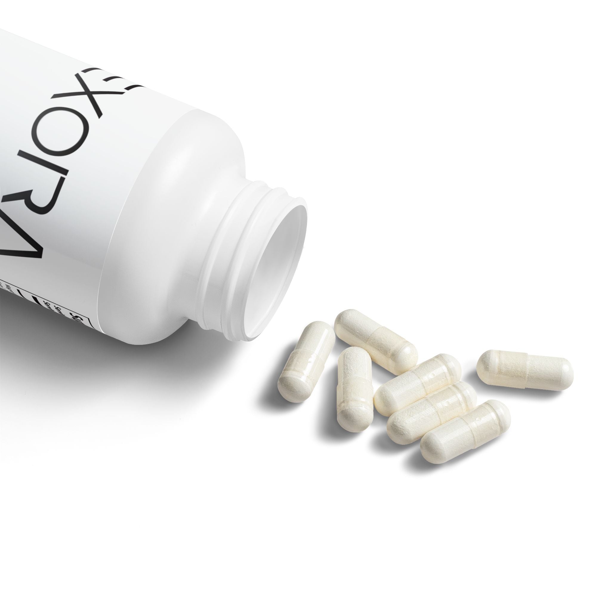 White bottle of 'EXORA' supplements with capsules spilling out on a white background