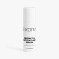 White serum bottle labeled 'Green Tea Antioxidant Serum' by Exora on a white background