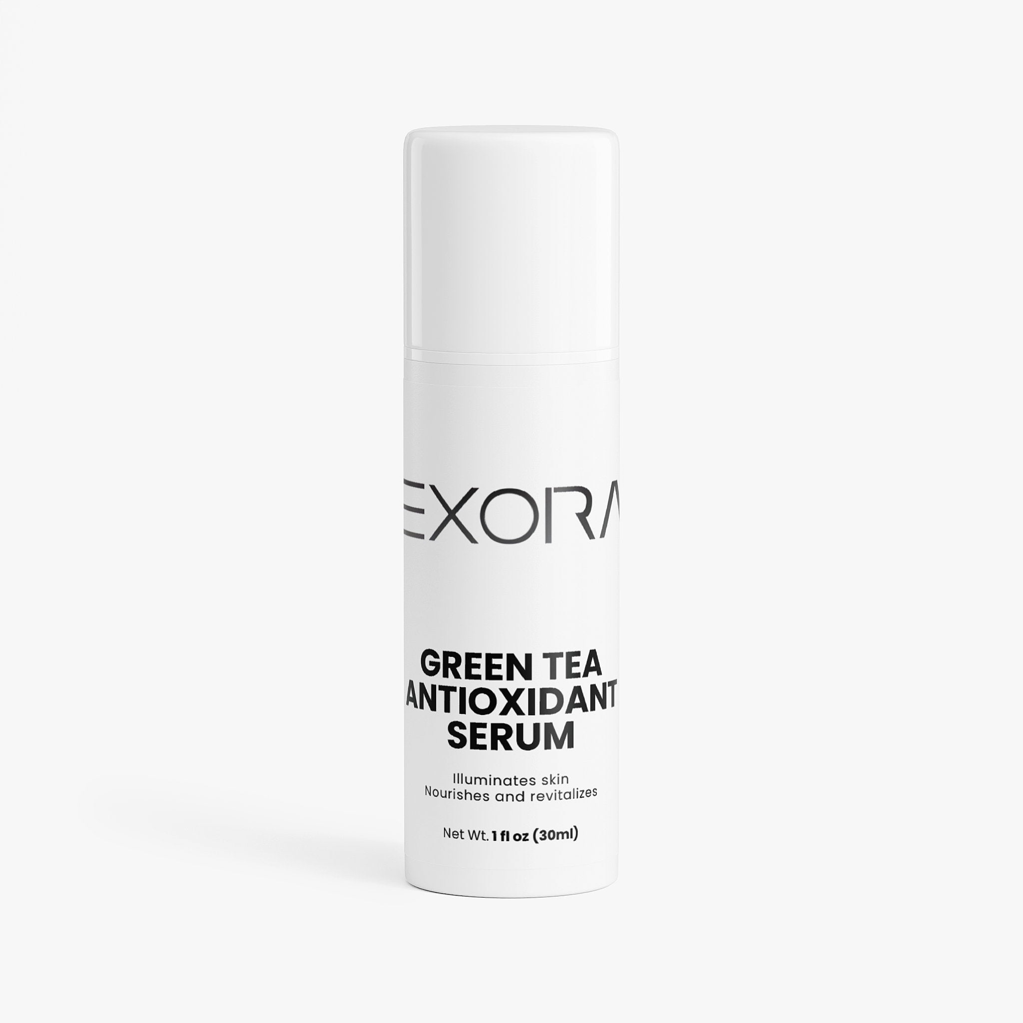 White serum bottle labeled 'Green Tea Antioxidant Serum' by Exora on a white background