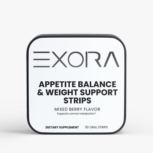 Exora appetite balance and weight support strips packaging on a white background