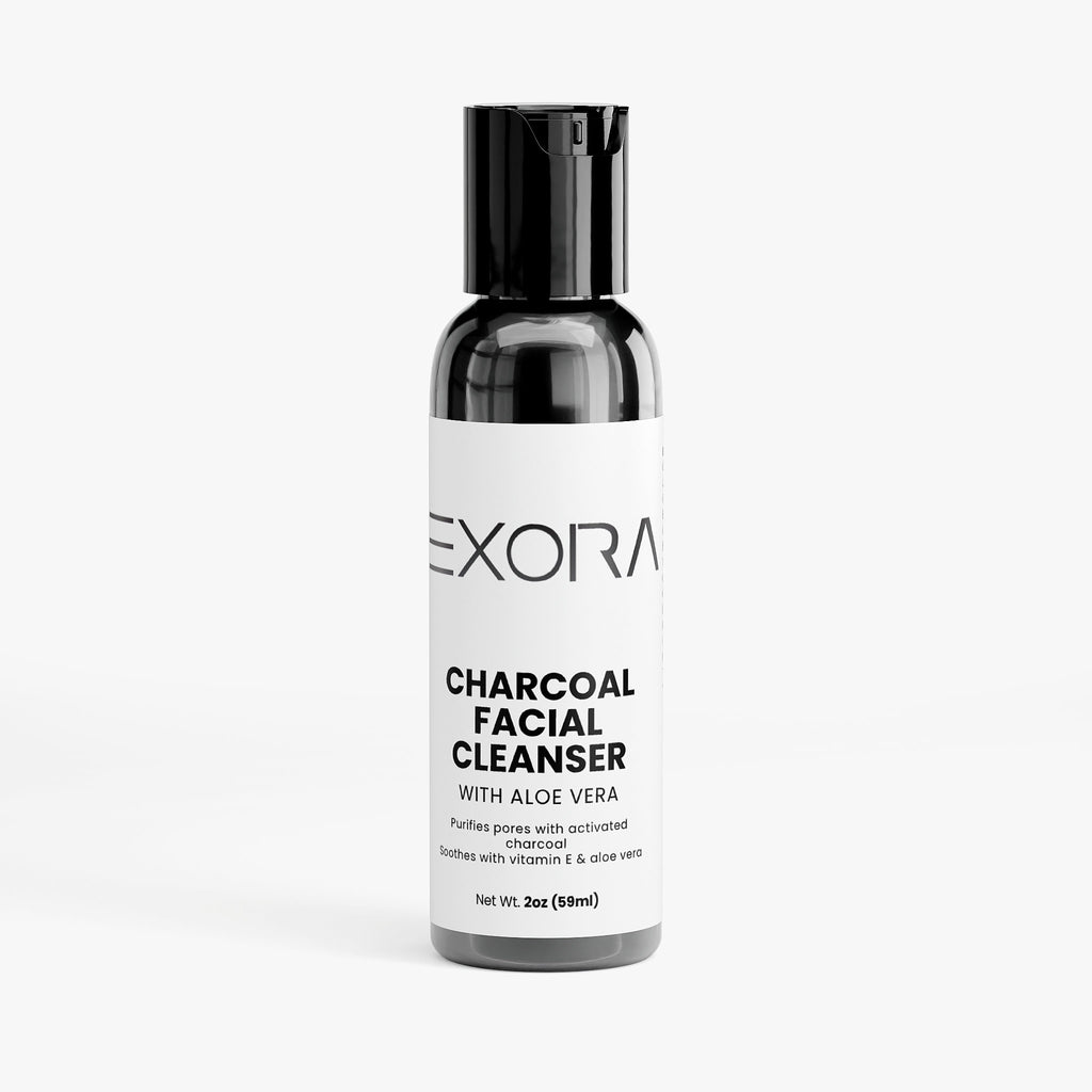 Exora Charcoal Facial Cleanser bottle on a white background