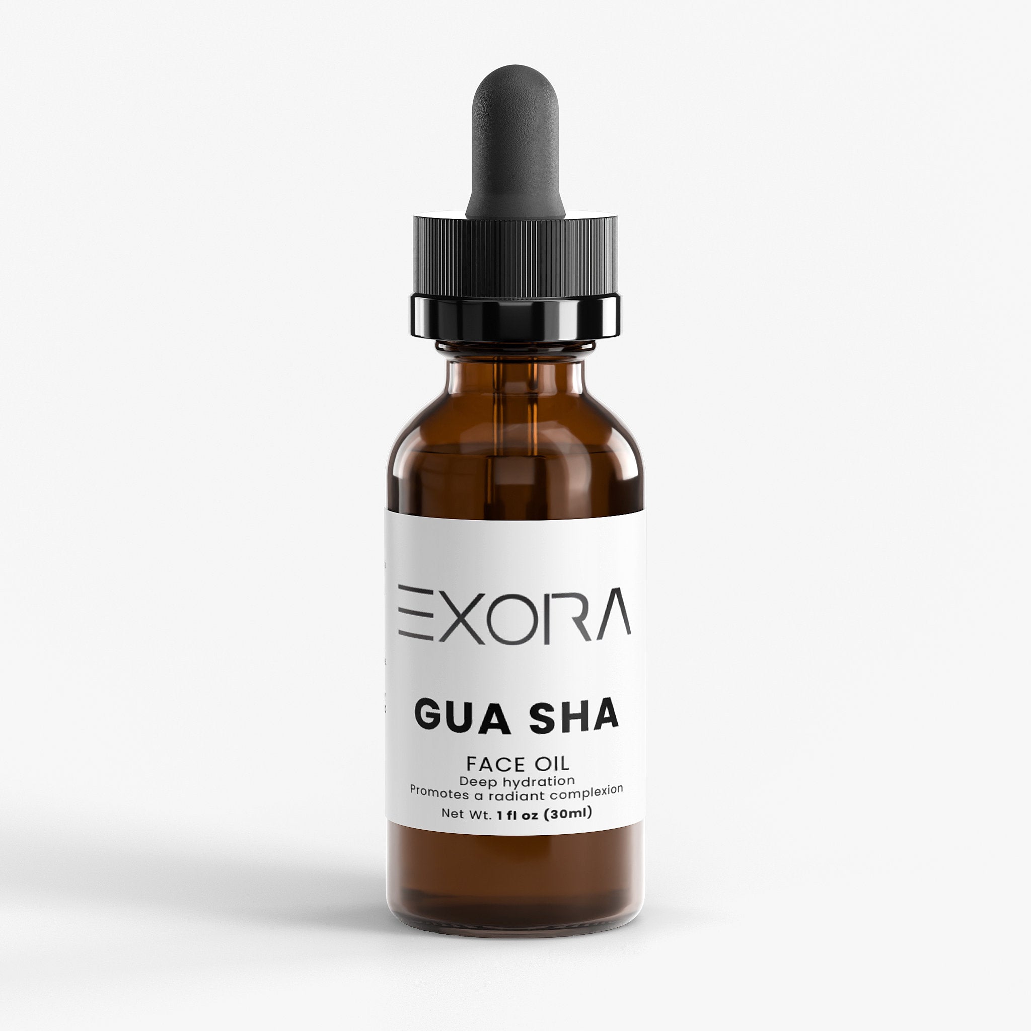 Brown glass bottle with dropper labeled 'Exora Gua Sha Face Oil' on a white background