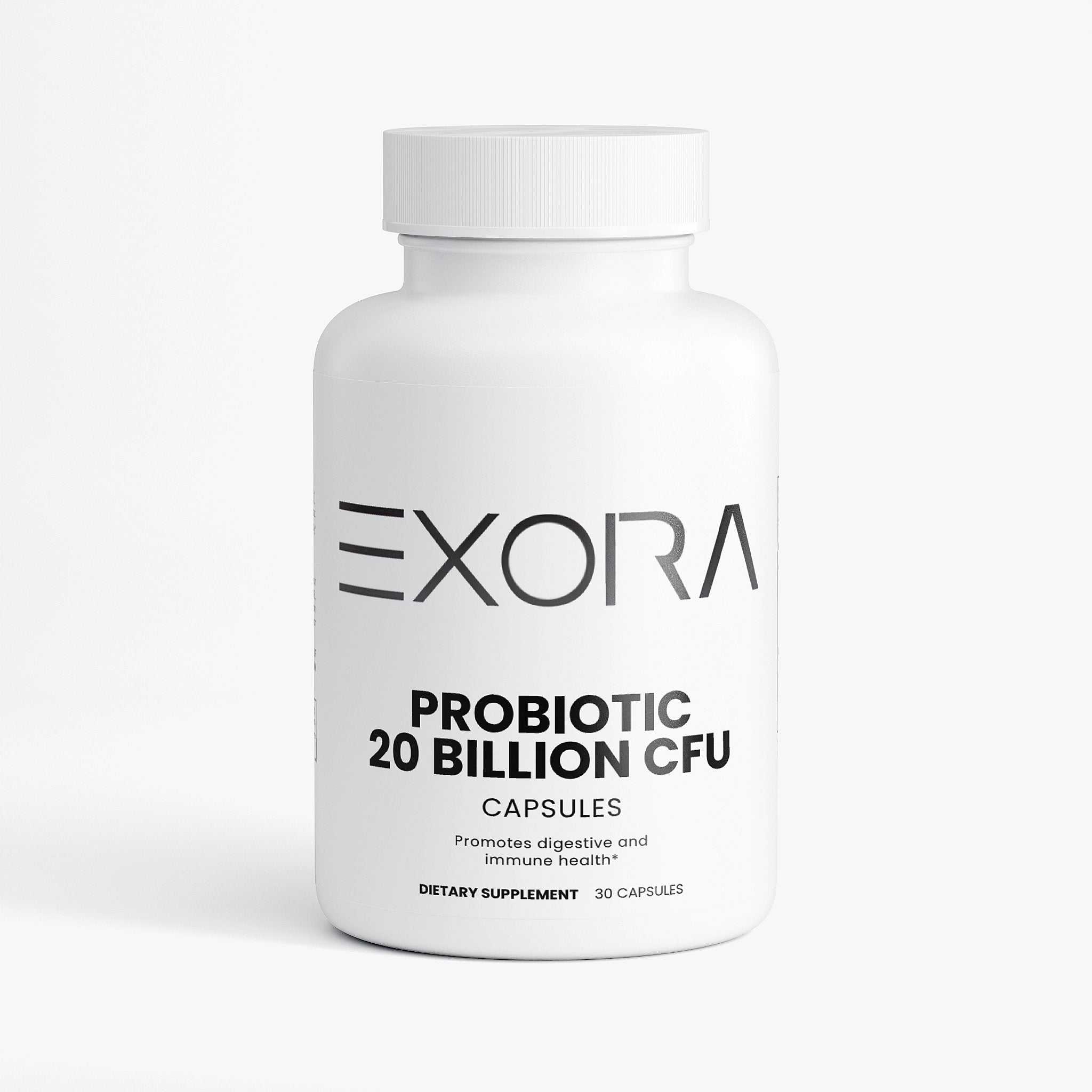 White bottle of EXORA probiotic capsules on a white background