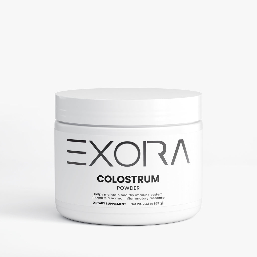 Jar of Exora Colostrum Powder on a white background