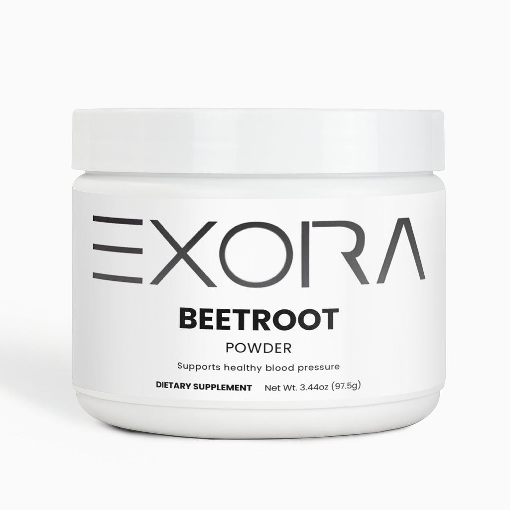 Jar of Exora Beetroot Powder on a white background