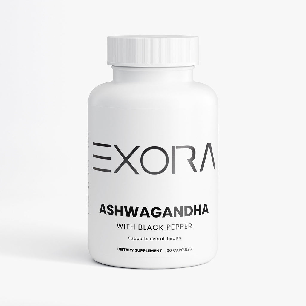 White supplement bottle labeled 'Exora Ashwagandha with Black Pepper' on a white background