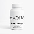 White supplement bottle labeled 'Exora Ashwagandha with Black Pepper' on a white background