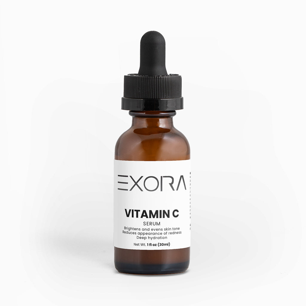 Exora Vitamin C serum bottle with dropper on a white background