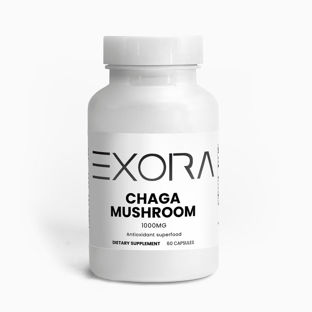 Supplement bottle labeled 'Exora Chaga Mushroom' on a white background
