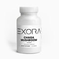 Supplement bottle labeled 'Exora Chaga Mushroom' on a white background