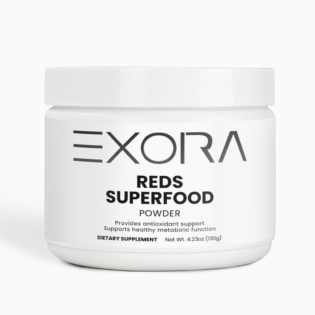 White container of Exora Reds Superfood Powder on a white background