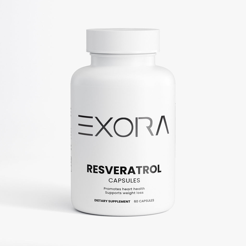 White bottle of Exora Resveratrol capsules on a white background