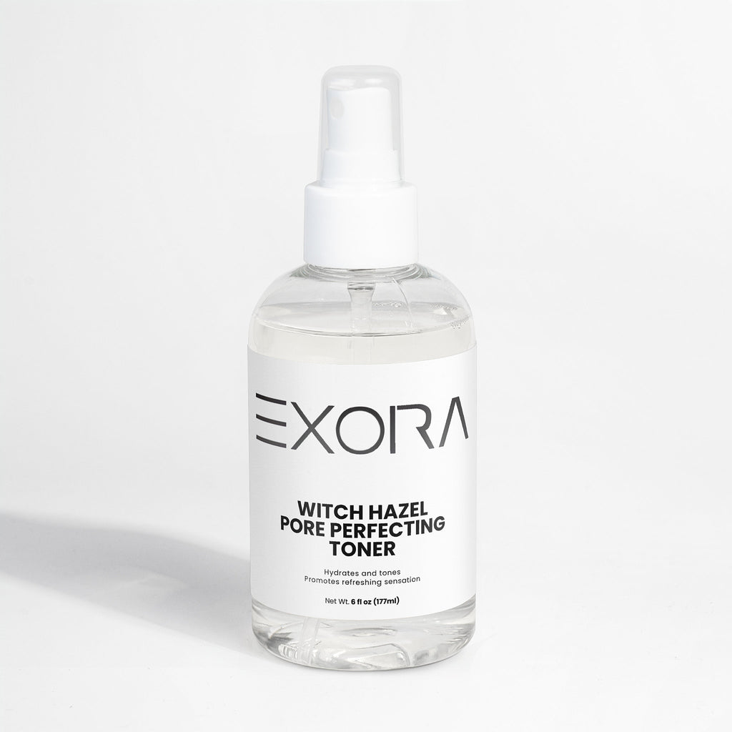 EXORA witch hazel pore perfecting toner bottle on a white background