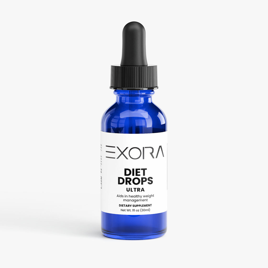 Blue bottle of Exora Diet Drops Ultra on a white background