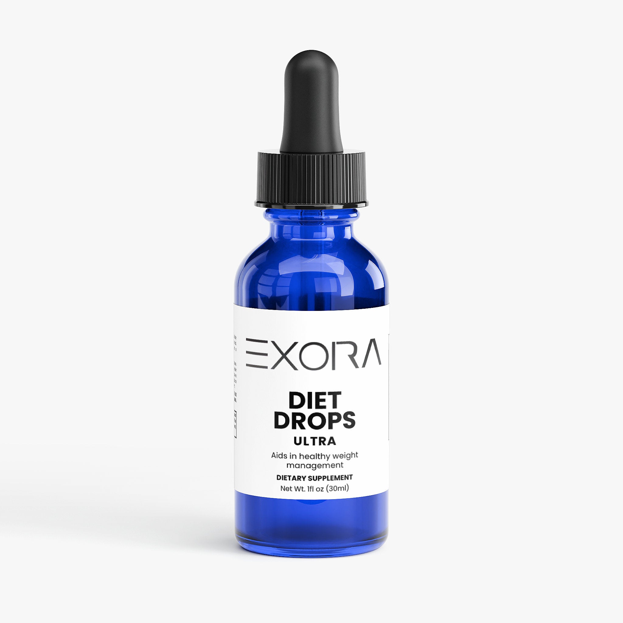 Blue bottle of Exora Diet Drops Ultra on a white background