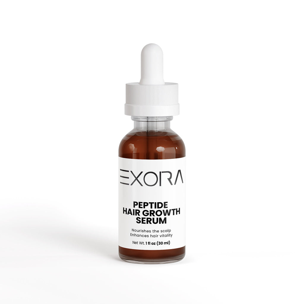 Exora Peptide Hair Growth Serum bottle with dropper on a white background