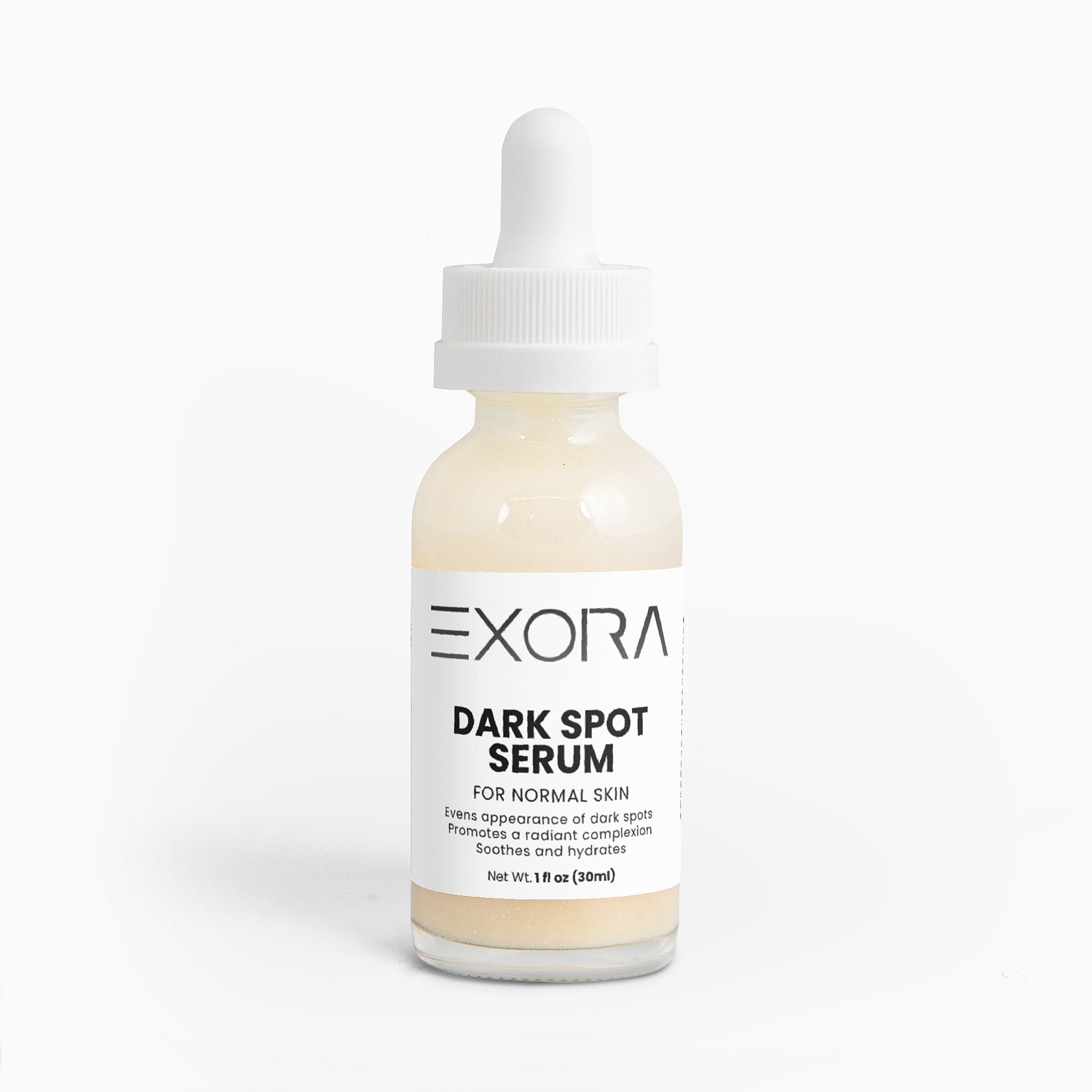 EXORA dark spot serum bottle with dropper on a white background
