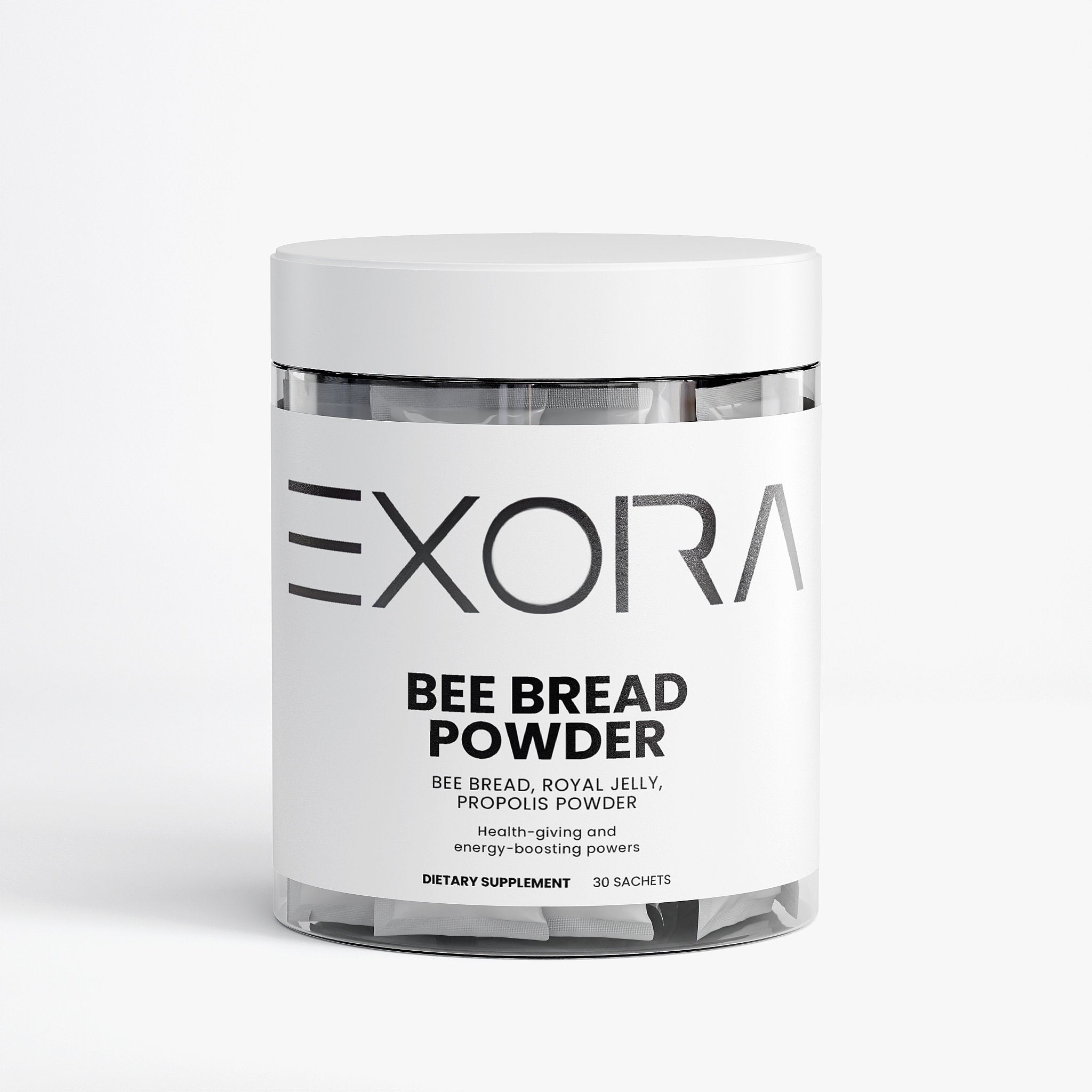 Jar of Exora Bee Bread Powder on a white background