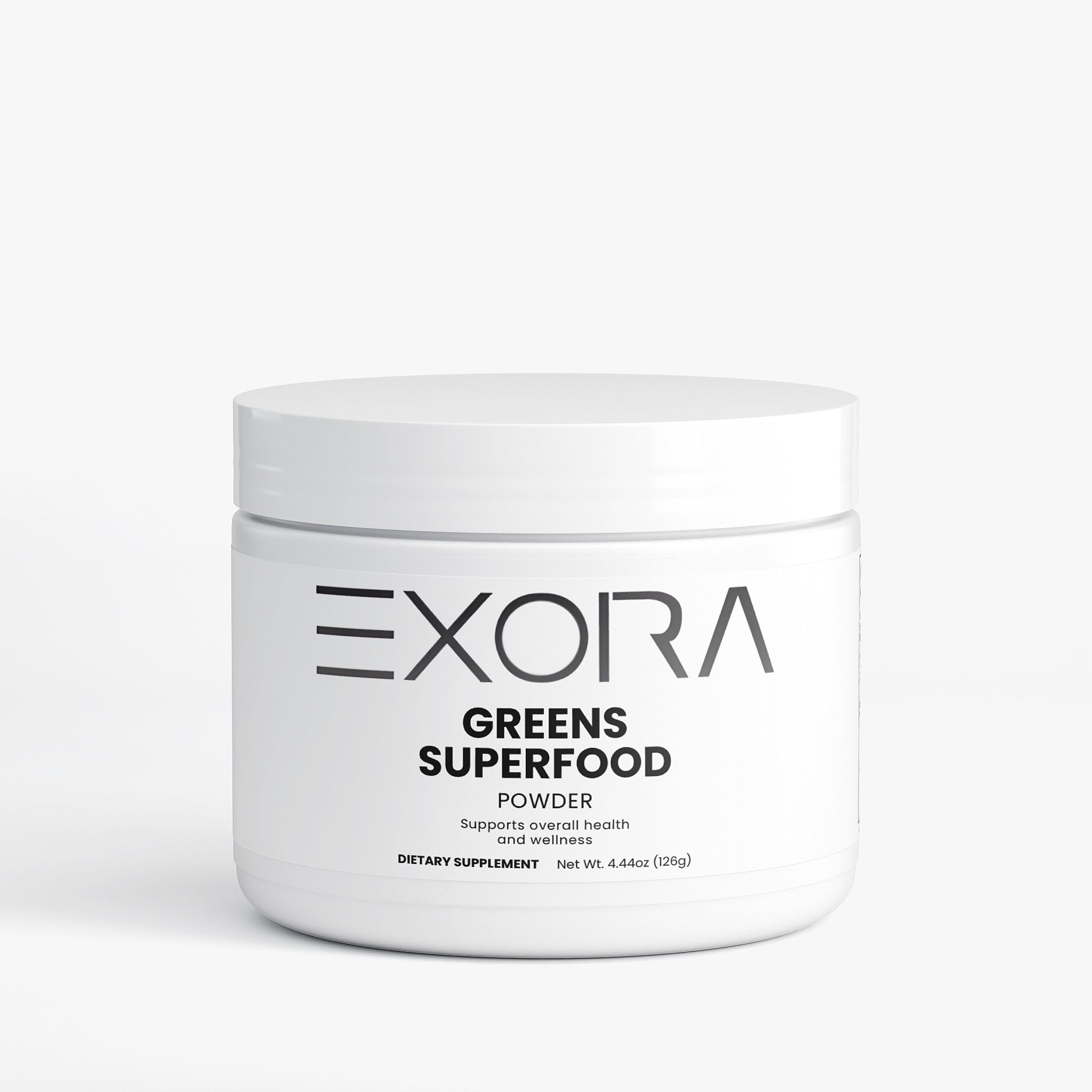 Jar of Exora Greens Superfood Powder on a white background