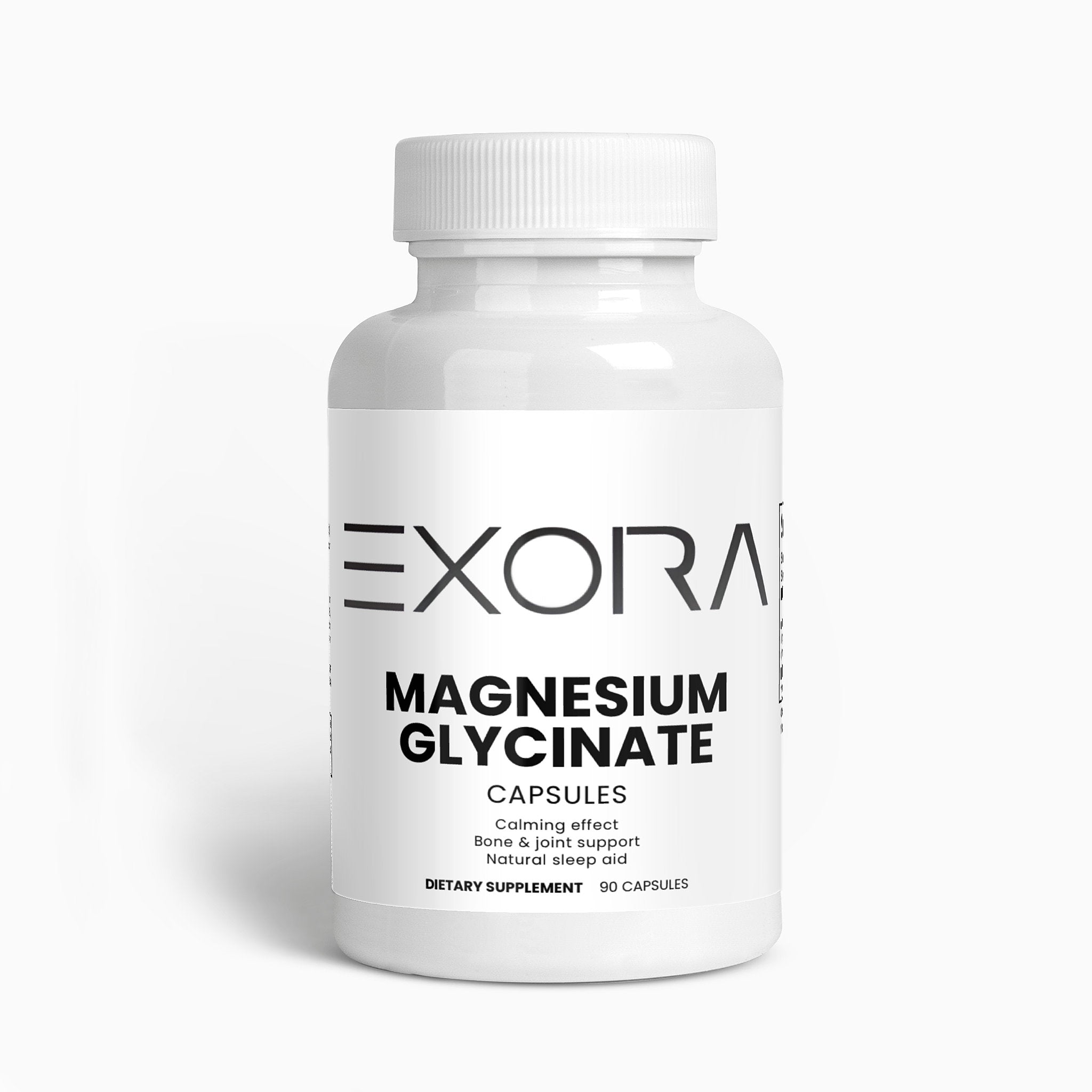 Supplement bottle labeled 'Exora Magnesium Glycinate' on a white background