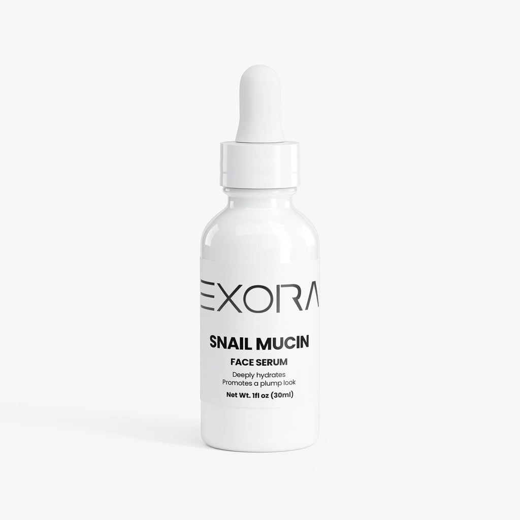 EXORA Snail Mucin Face Serum bottle on a white background